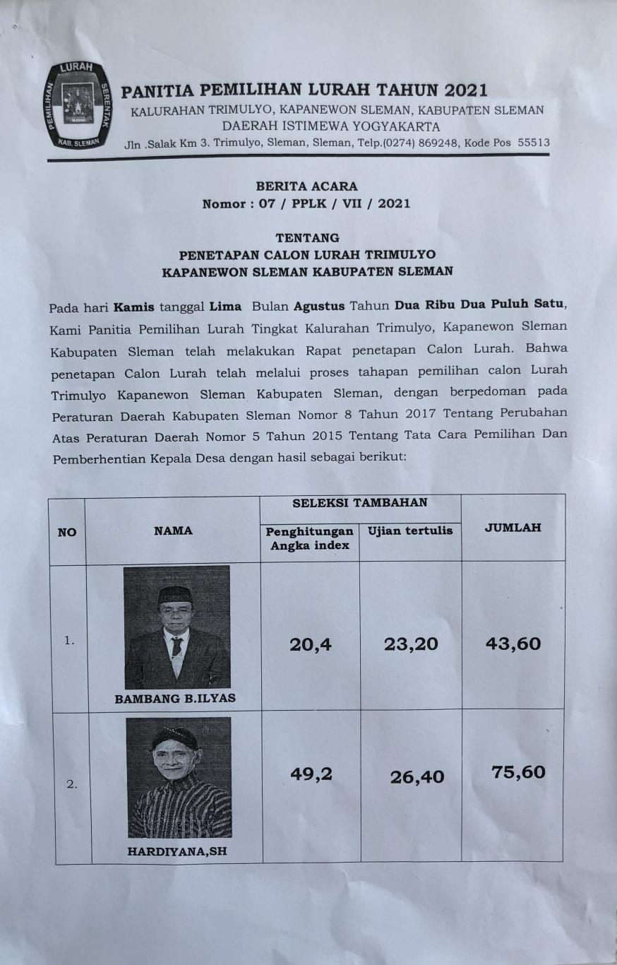 Penepatan Calon Lurah Trimulyo